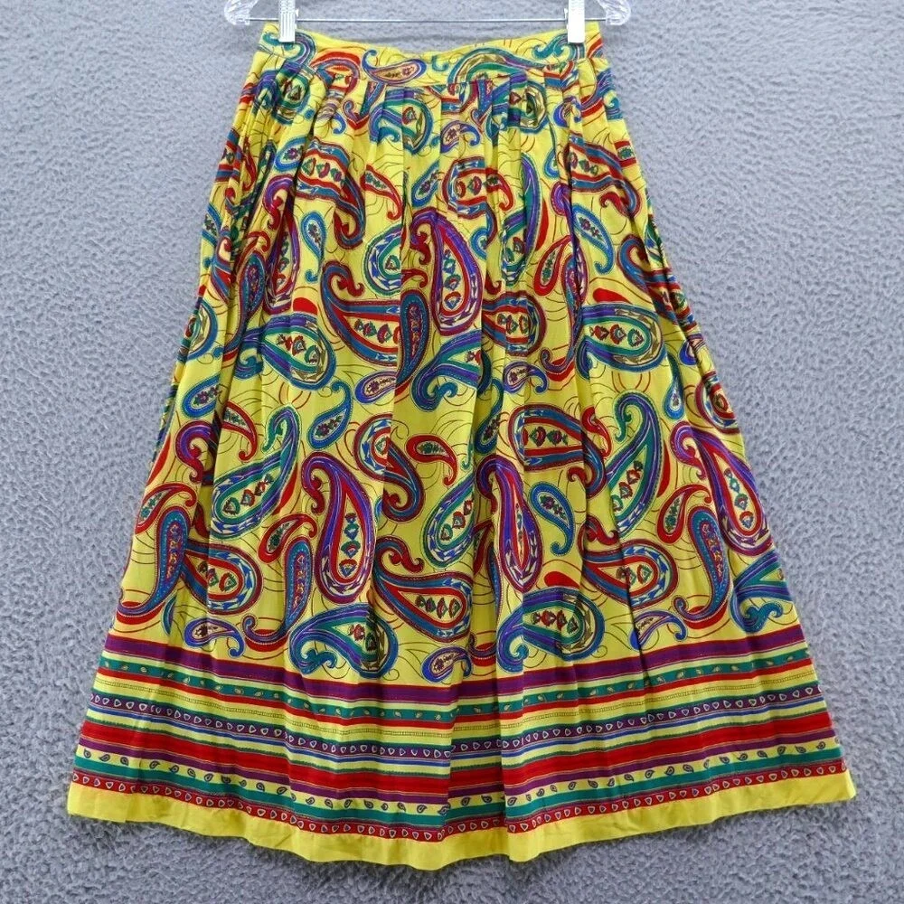 Chaus Vintage Yellow Paisley Pleated Midi‎ Skirt Womens 12 Rayon High Waist Boho